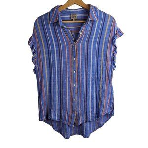 Como Vintage Flutter Sleeve Blue Striped Button Down Shirt Women's Size Petite M